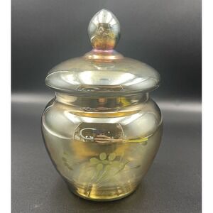 Vintage Marigold Iridescent Glass Bonbon/Ginger Jar with Engraved Floral Design